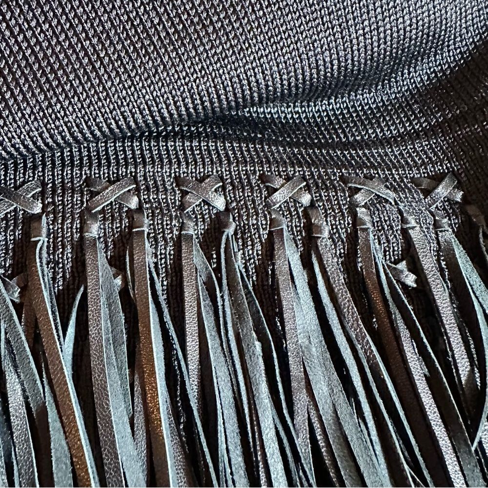 Ralph Lauren Black Lamb Leather-Fringe Silk Knit Sheath Dress - Picture 16 of 16